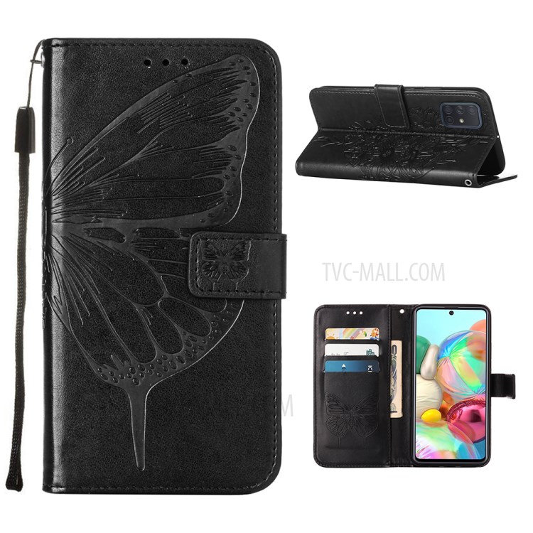 Imprint Butterfly Flower Wallet Stand Leather Case for Samsung Galaxy A71 SM-A715 - Black-1
