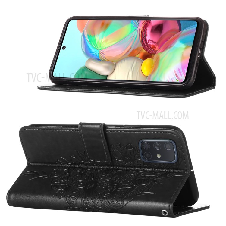 Imprint Butterfly Flower Wallet Stand Leather Case for Samsung Galaxy A71 SM-A715 - Black-4