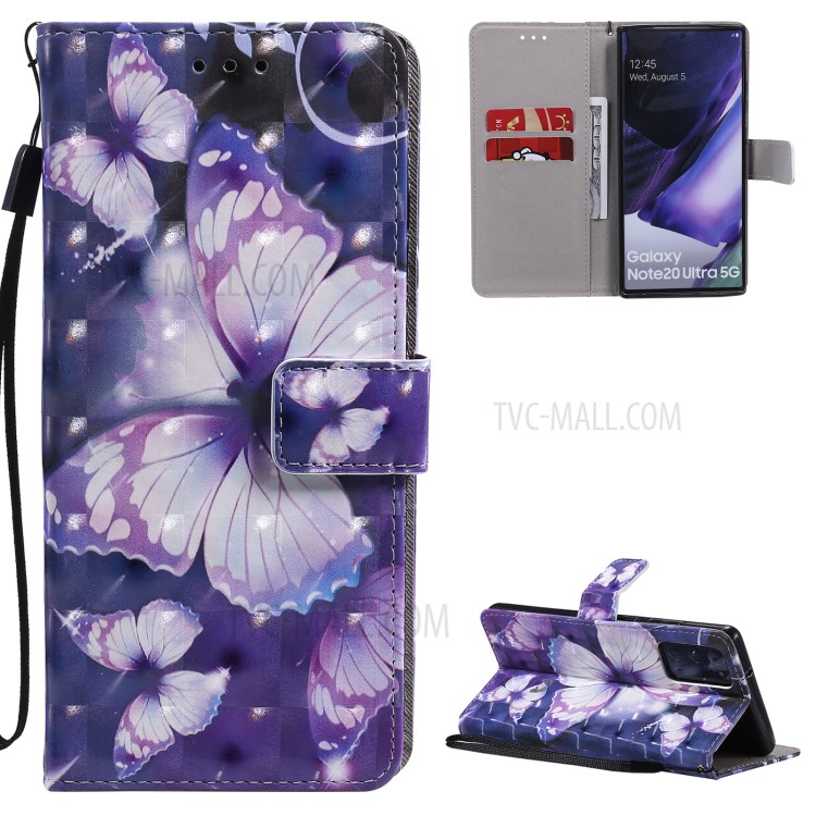 Cassa Del Telefono In Pelle Arredamento Punto Luminoso Modellato Con La Cinghia Per La Galassia Note20 Ultra / Note20 Ultra 5G - Farfalle Viola-1