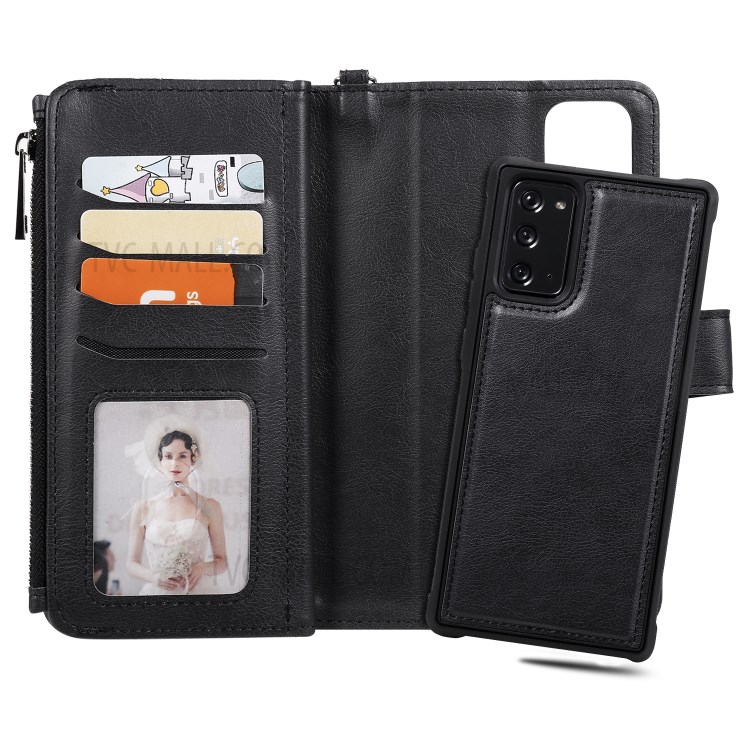 2 in 1 Magnetic Detachable Zipper Leather Wallet Case for Samsung Galaxy Note 20 - Black-10