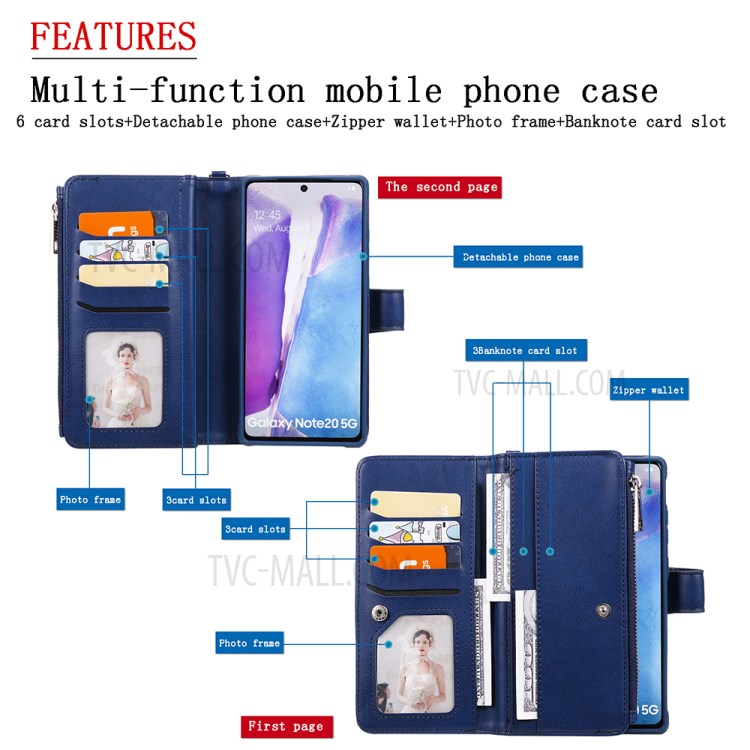 2 in 1 Magnetic Detachable Zipper Leather Wallet Case for Samsung Galaxy Note 20 - Black-17