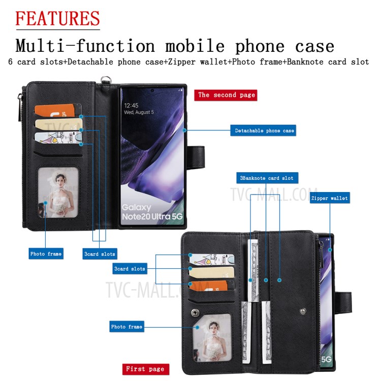 2 In 1 Magnetische Abnehmbaren Reißverschluss Leder Mappenkasten Für Samsung Galaxy Note20 Ultra - Schwarz-18