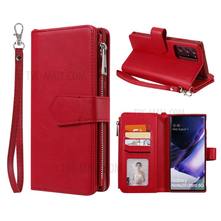 2 in 1 Magnetic Detachable Zipper Leather Wallet Case for Samsung Galaxy Note20 Ultra - Red-1