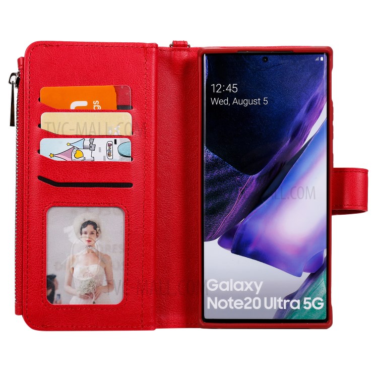 2 in 1 Magnetic Detachable Zipper Leather Wallet Case for Samsung Galaxy Note20 Ultra - Red-10