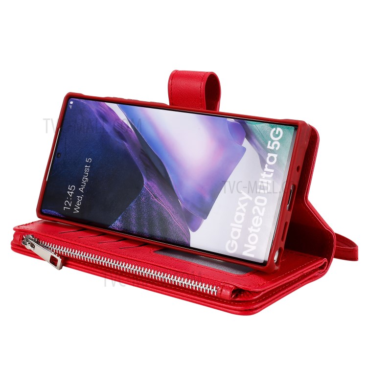 2 in 1 Magnetic Detachable Zipper Leather Wallet Case for Samsung Galaxy Note20 Ultra - Red-12