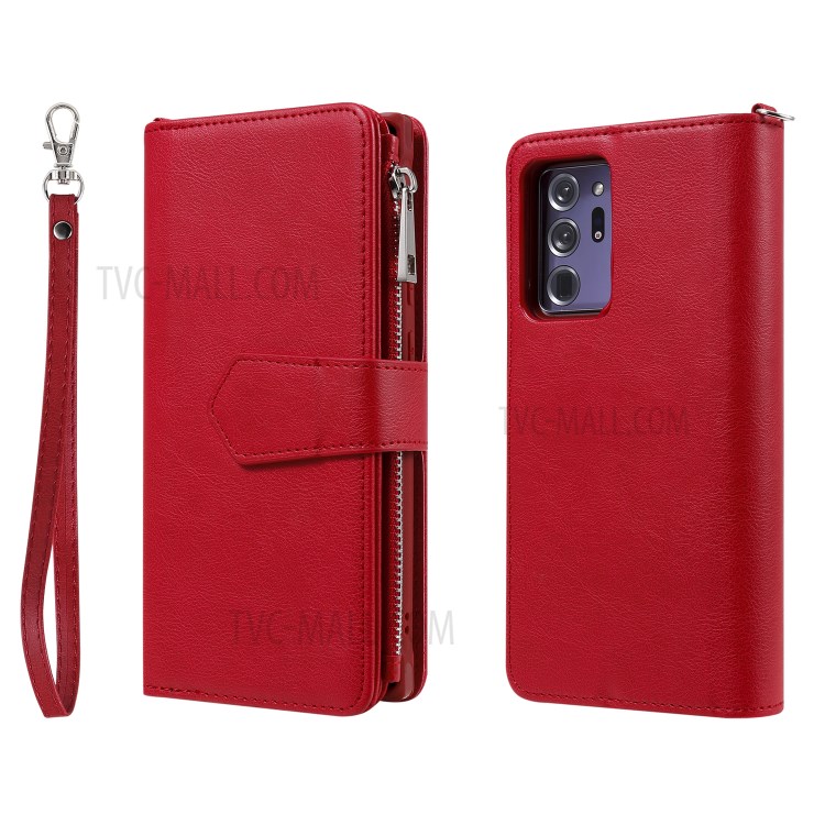 2 in 1 Magnetic Detachable Zipper Leather Wallet Case for Samsung Galaxy Note20 Ultra - Red-2
