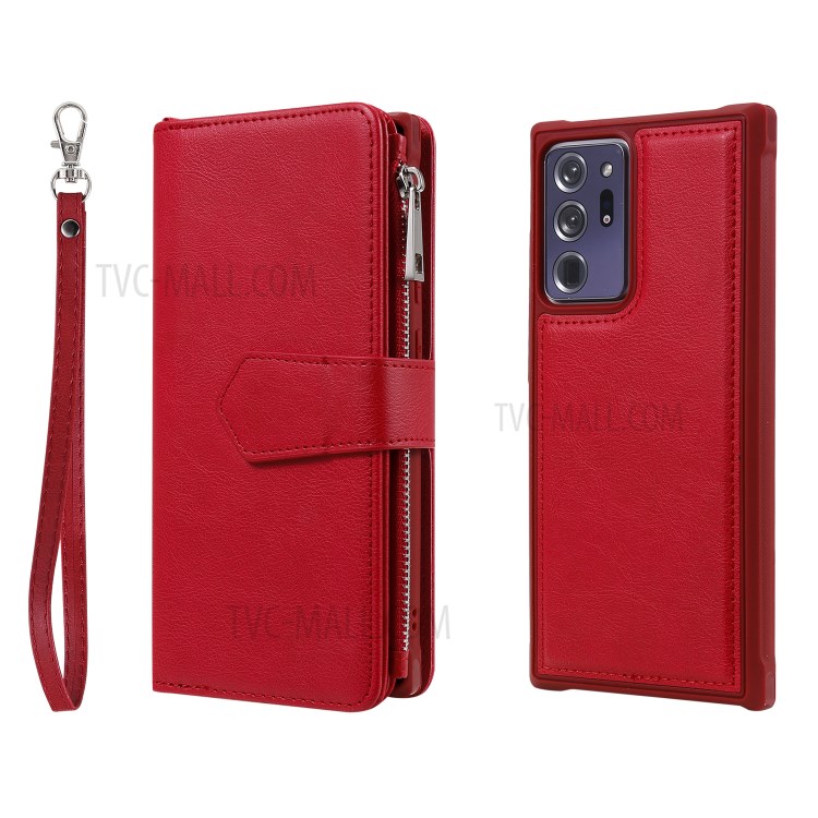 2 in 1 Magnetic Detachable Zipper Leather Wallet Case for Samsung Galaxy Note20 Ultra - Red-3