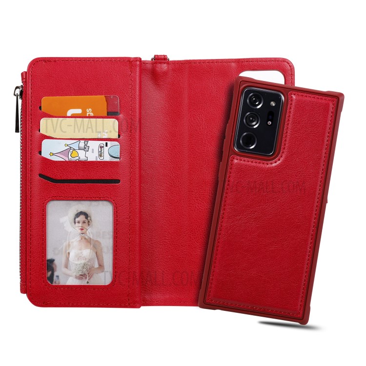 2 in 1 Magnetic Detachable Zipper Leather Wallet Case for Samsung Galaxy Note20 Ultra - Red-8