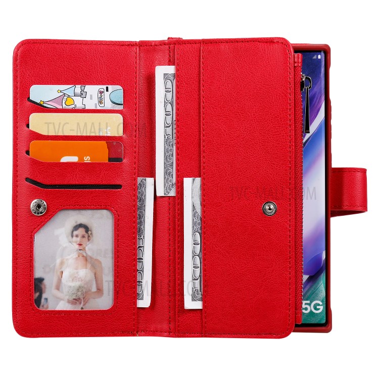 2 in 1 Magnetic Detachable Zipper Leather Wallet Case for Samsung Galaxy Note20 Ultra - Red-9