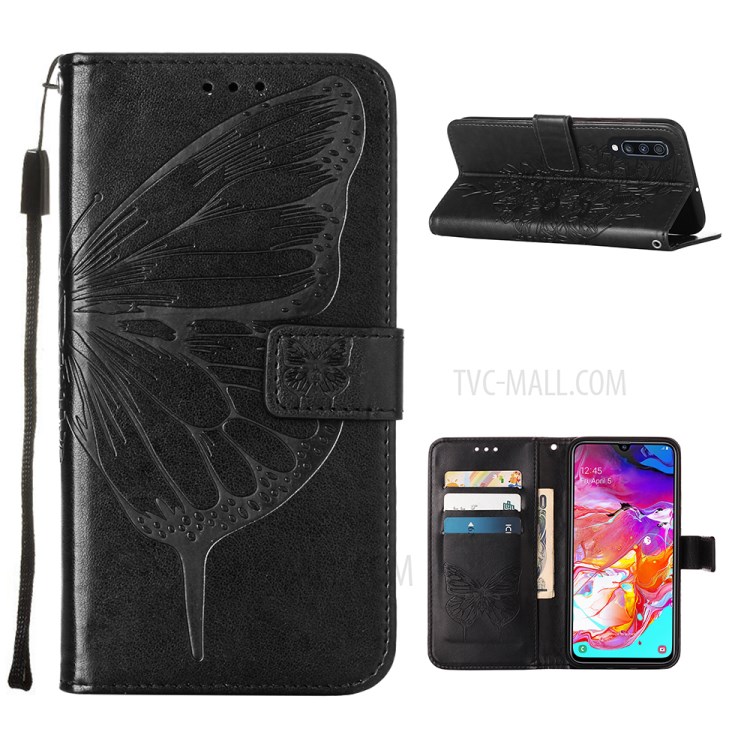 Leather Wallet Cell Phone Cover Shell with Butterfly and Flowers Imprinting for Samsung Galaxy A70/A70s - Black-1
