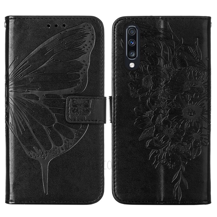 Leather Wallet Cell Phone Cover Shell with Butterfly and Flowers Imprinting for Samsung Galaxy A70/A70s - Black-3