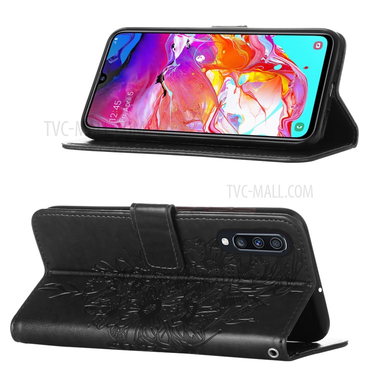 Leather Wallet Cell Phone Cover Shell with Butterfly and Flowers Imprinting for Samsung Galaxy A70/A70s - Black-4