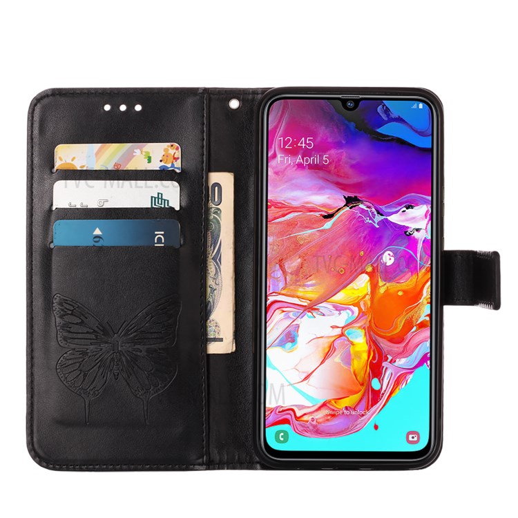 Leather Wallet Cell Phone Cover Shell with Butterfly and Flowers Imprinting for Samsung Galaxy A70/A70s - Black-5