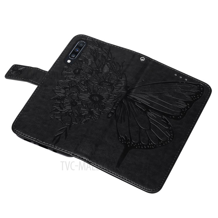 Leather Wallet Cell Phone Cover Shell with Butterfly and Flowers Imprinting for Samsung Galaxy A70/A70s - Black-6