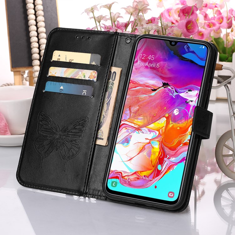 Leather Wallet Cell Phone Cover Shell with Butterfly and Flowers Imprinting for Samsung Galaxy A70/A70s - Black-9