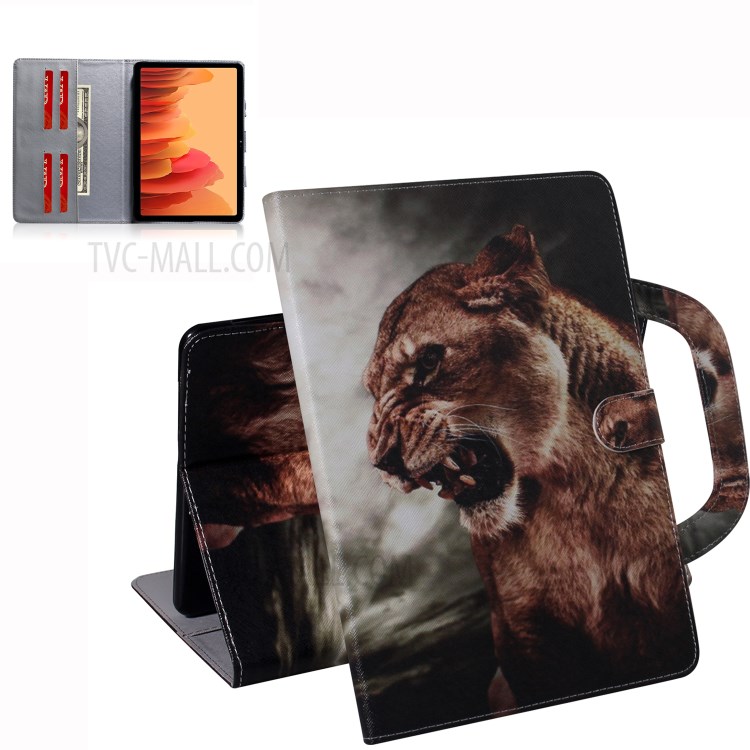 Hand-held Pattern Printing Stand Flip Leather Case for Samsung Galaxy Tab A7 10.4 (2020) - Lion-1