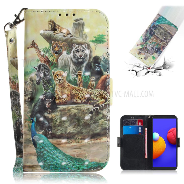 Light Spot Decor Pattern Printing Wallet Stand Leather Phone Cover with Strap for Samsung Galaxy A01 Core - Animal Kingdom-1