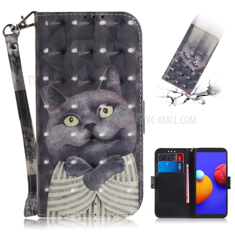 Light Spot Decor Pattern Printing Wallet Stand Leather Phone Cover with Strap for Samsung Galaxy A01 Core - Cat-1