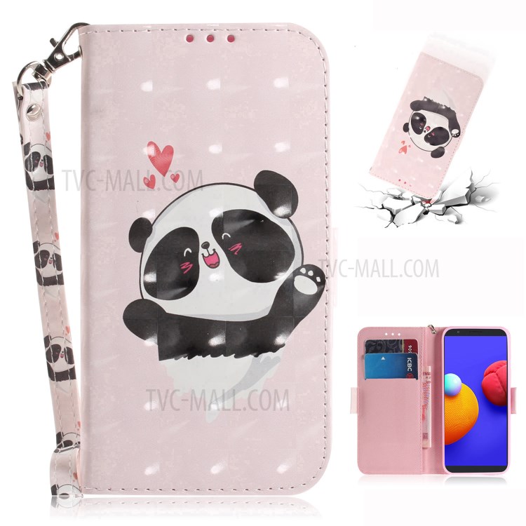 Light Spot Decor Pattern Printing Wallet Stand Leather Phone Cover with Strap for Samsung Galaxy A01 Core - Cute Panda-1
