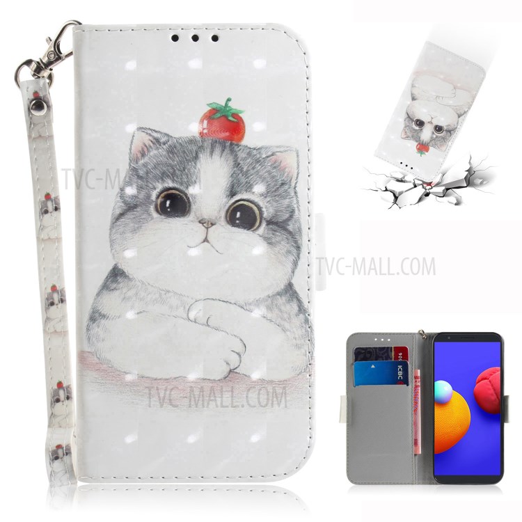 Light Spot Decor Pattern Printing Wallet Stand Leather Phone Cover with Strap for Samsung Galaxy A01 Core - Fat Cat-1