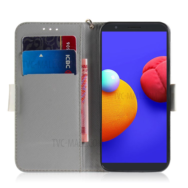 Light Spot Decor Pattern Printing Wallet Stand Leather Phone Cover with Strap for Samsung Galaxy A01 Core - Fat Cat-6