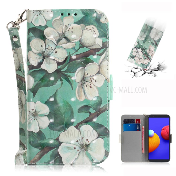 Light Spot Decor Pattern Printing Wallet Stand Leather Phone Cover with Strap for Samsung Galaxy A01 Core - White Flower-1