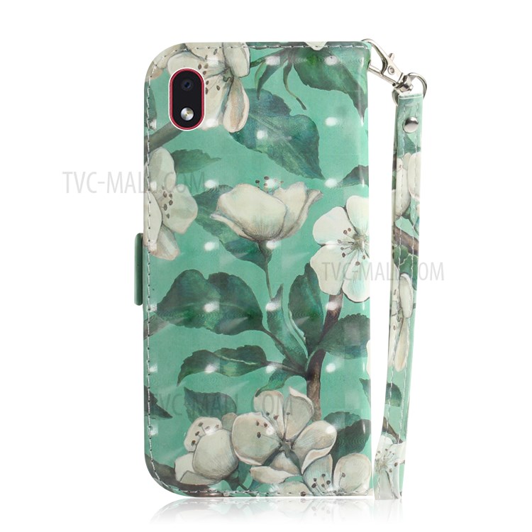 Light Spot Decor Pattern Printing Wallet Stand Leather Phone Cover with Strap for Samsung Galaxy A01 Core - White Flower-3