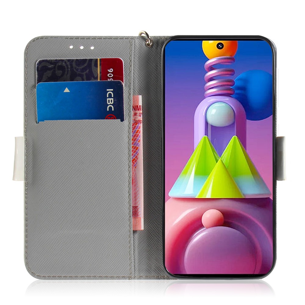 Light Spot Decor Pattern Printing Wallet Stand Leather Phone Case with Strap for Samsung Galaxy M51 - White Flowers-6
