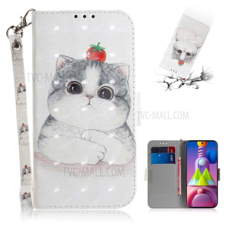 Light Spot Decor Pattern Printing Wallet Stand Leather Phone Case with Strap for Samsung Galaxy M51 - Fat Cat-1