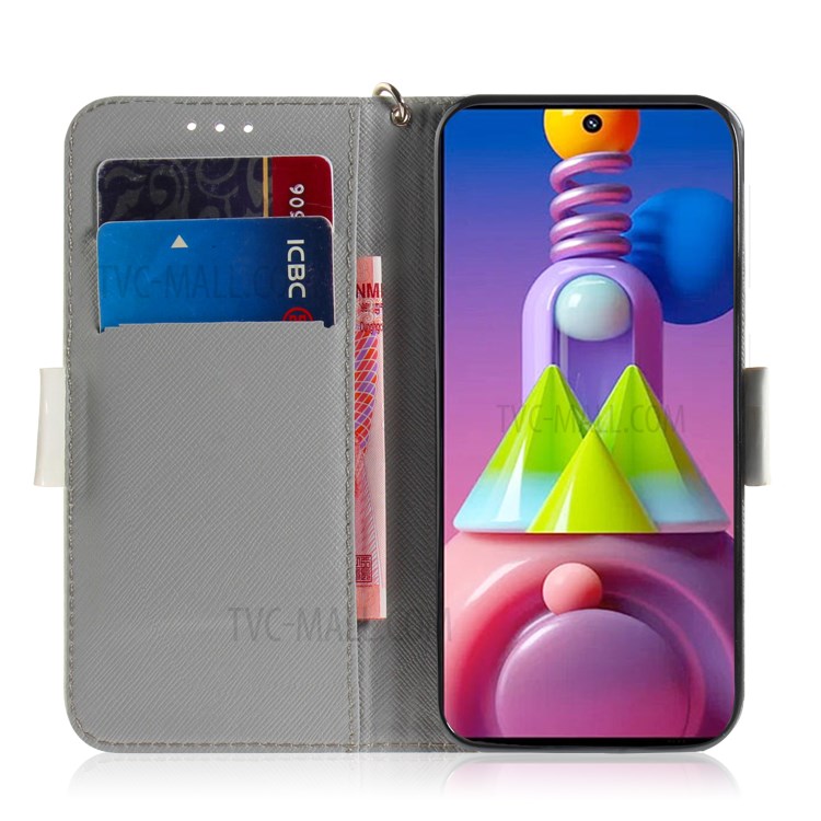Light Spot Decor Pattern Printing Wallet Stand Leather Phone Case with Strap for Samsung Galaxy M51 - Fat Cat-6