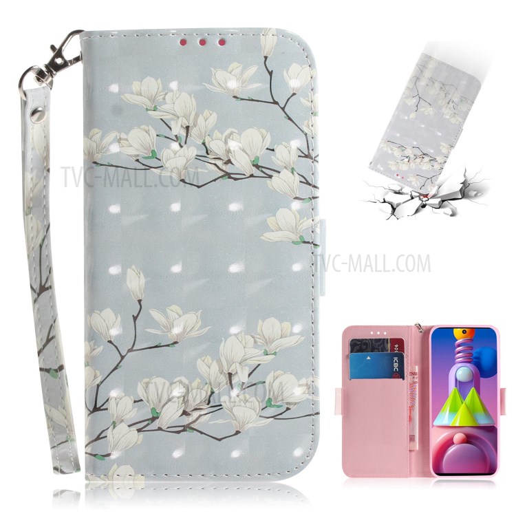 Light Spot Decor Pattern Printing Wallet Stand Leather Phone Case with Strap for Samsung Galaxy M51 - Flower Branches-1