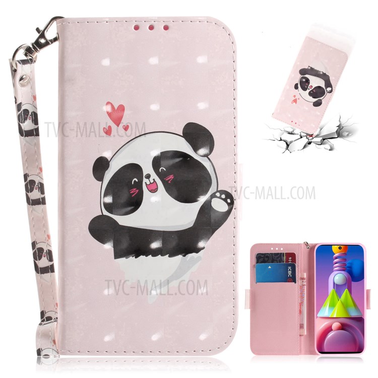 Light Spot Decor Pattern Printing Wallet Stand Leather Phone Case with Strap for Samsung Galaxy M51 - Cute Panda-1