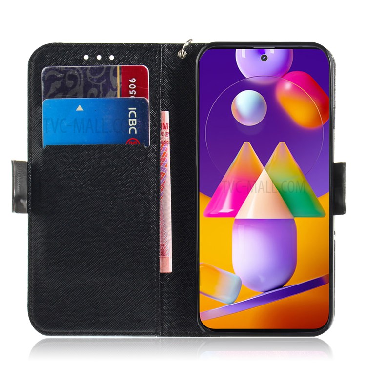 Light Spot Decor Pattern Printing Wallet Stand Leather Phone Case with Strap for Samsung Galaxy M31s - Flower Pattern-6