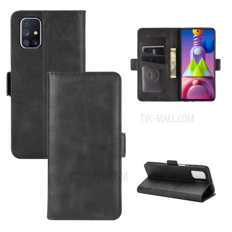 Double Clasp Leather Flip Wallet Stand Phone Cover for Samsung Galaxy M51 - Black-1