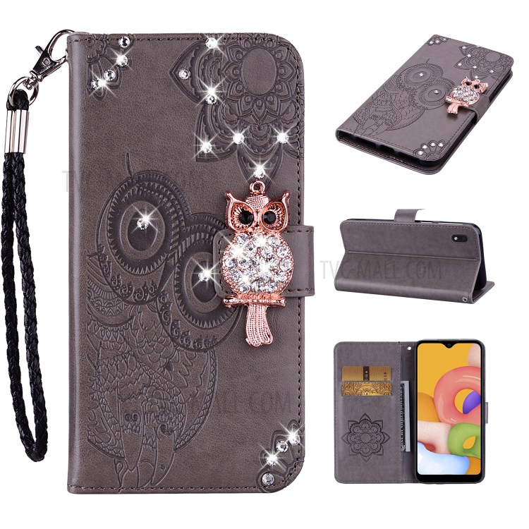 Rhinestone Decoration Imprint Owl Leather Shell Wallet Stand Phone Cover for Samsung Galaxy A01 Core - Grey-1