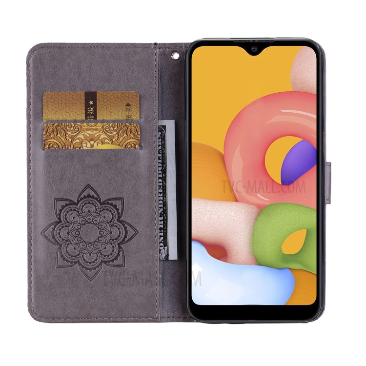 Rhinestone Decoration Imprint Owl Leather Shell Wallet Stand Phone Cover for Samsung Galaxy A01 Core - Grey-7