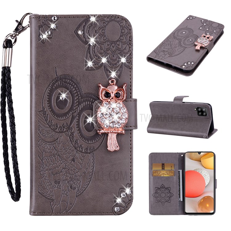 Rhinestone Decoration Imprint Owl Leather Shell Wallet Stand Phone Cover for Samsung Galaxy A42 5G - Grey-1