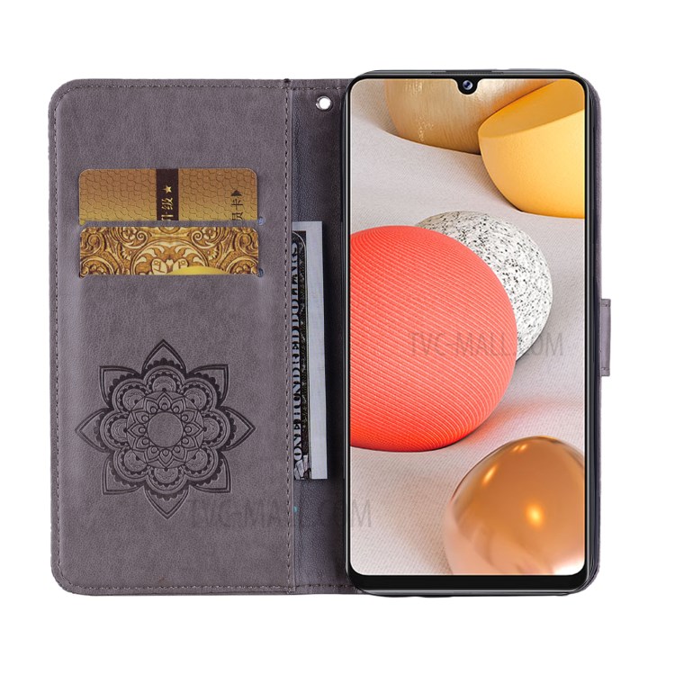 Rhinestone Decoration Imprint Owl Leather Shell Wallet Stand Phone Cover for Samsung Galaxy A42 5G - Grey-7