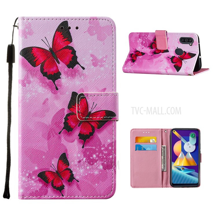 Leather Phone Wallet Protective Case Pattern Printing for Samsung Galaxy A11/M11 - Red Butterfly-1