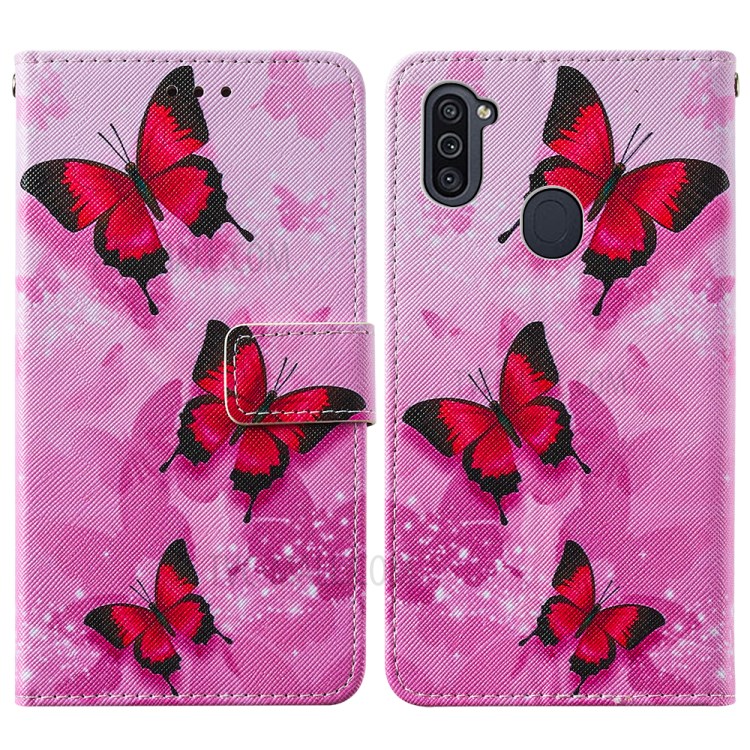 Leather Phone Wallet Protective Case Pattern Printing for Samsung Galaxy A11/M11 - Red Butterfly-3