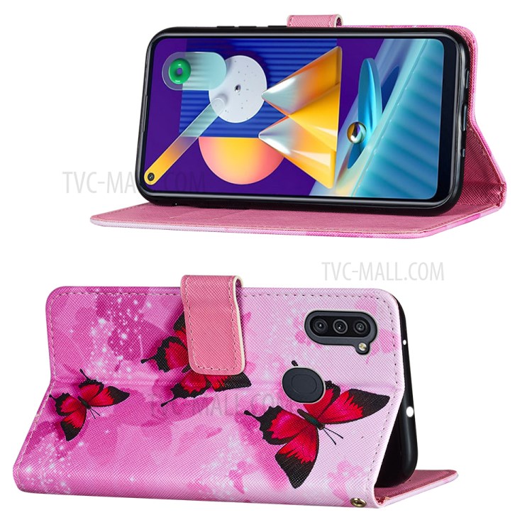 Leather Phone Wallet Protective Case Pattern Printing for Samsung Galaxy A11/M11 - Red Butterfly-4