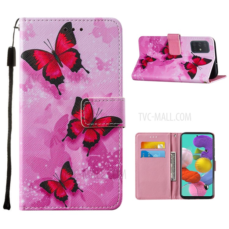 Leather Wallet Phone Cover Shell with Stylish Pattern Printing for Samsung Galaxy A51 SM-A515 - Red Butterfly-1