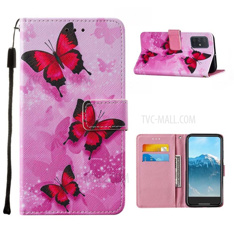 Leather Pattern Printing Phone Protective Case with Card Slots and Cash Pocket for Samsung Galaxy A71 SM-A715 - Red Butterfly-1