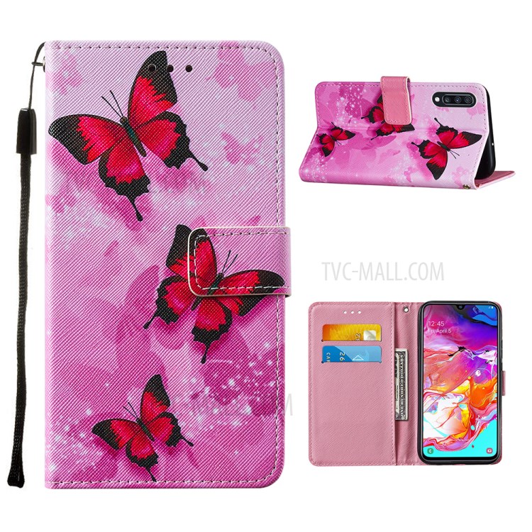 Leather Phone Cover Case with Pattern Printing for Samsung Galaxy A70 - Red Butterfly-1