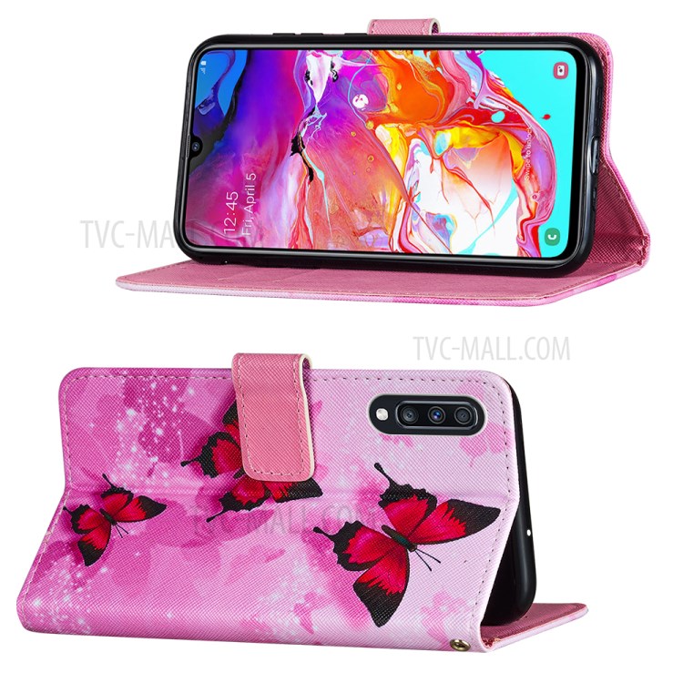Leather Phone Cover Case with Pattern Printing for Samsung Galaxy A70 - Red Butterfly-4
