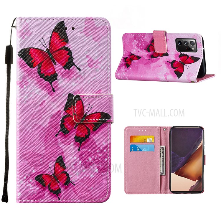 Wallet Stand Leather Phone Cover Case with Pattern Printing for Samsung Galaxy Note20 Ultra/Note20 Ultra 5G - Red Butterfly-1