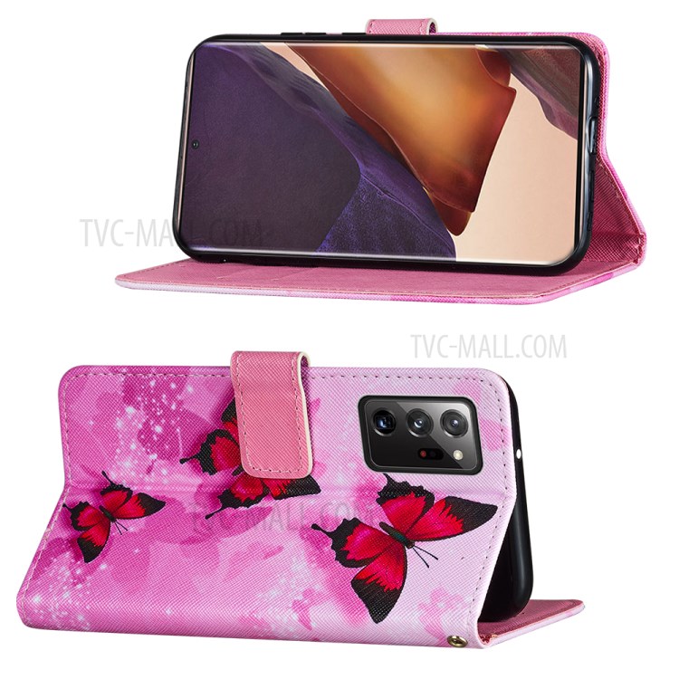 Wallet Stand Leather Phone Cover Case with Pattern Printing for Samsung Galaxy Note20 Ultra/Note20 Ultra 5G - Red Butterfly-4