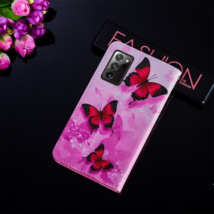 Wallet Stand Leather Phone Cover Case with Pattern Printing for Samsung Galaxy Note20 Ultra/Note20 Ultra 5G - Red Butterfly-8