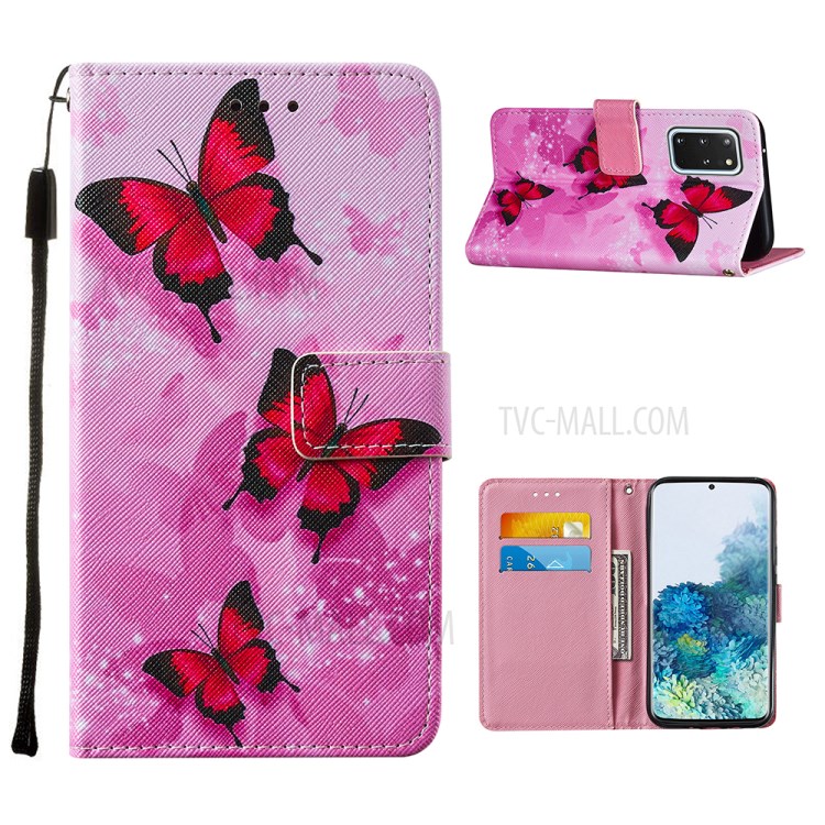 Leather Wallet Stand Phone Protective Case Pattern Printing for Samsung Galaxy S20 Plus/S20 Plus 5G - Pink Butterfly-1