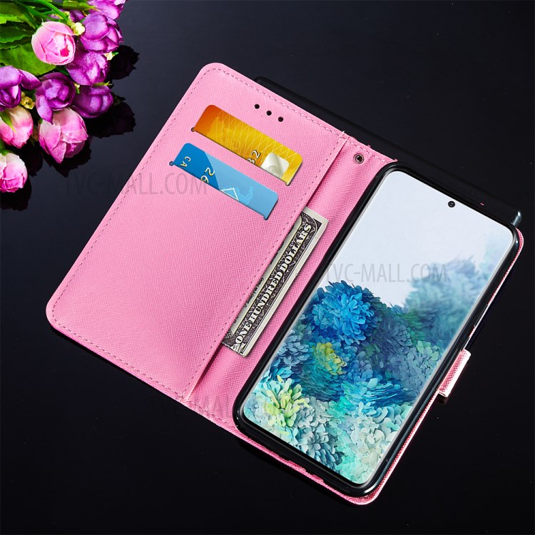 Leather Wallet Stand Phone Protective Case Pattern Printing for Samsung Galaxy S20 Plus/S20 Plus 5G - Pink Butterfly-10